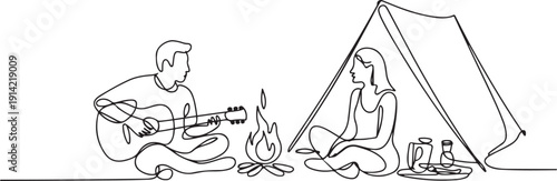 Continuous one line drawing couple tourist camping. Camper sitting by campfire next to camp tent, guy playing music guitar, people enjoy nature picnic. one line Icon drawing