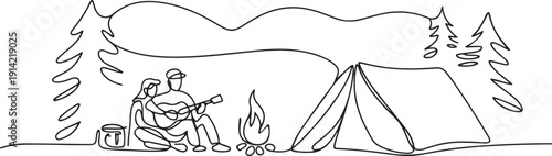 Continuous one line drawing couple tourist camping. Camper sitting by campfire next to camp tent, guy playing music guitar, people enjoy nature picnic. one line Icon drawing