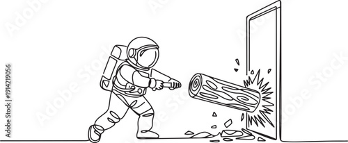 Single continuous line drawing of young astronaut holding large log and destroying door. Overcome challenges and obstacles with power. Cosmonaut deep space. one line Icon drawing