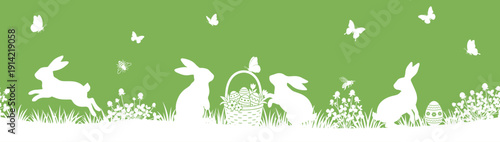 Seamless Easter bunny silhouette border pattern vector with basket egg butterfly and spring meadow