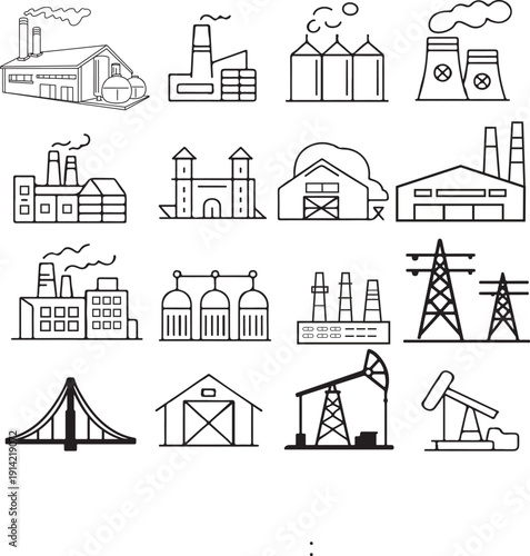Industrial Factory and Energy Line Icon Set - industry icons, factory icon, power plant icon, oil refinery vector, manufacturing icons, industrial building icon, energy production icon, oil pump icon,