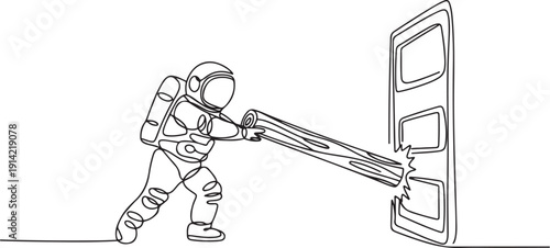 Single continuous line drawing of young astronaut holding large log and destroying door. Overcome challenges and obstacles with power. Cosmonaut deep space. one line Icon drawing