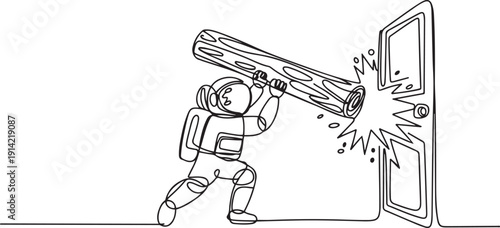 Single continuous line drawing of young astronaut holding large log and destroying door. Overcome challenges and obstacles with power. Cosmonaut deep space. one line Icon drawing