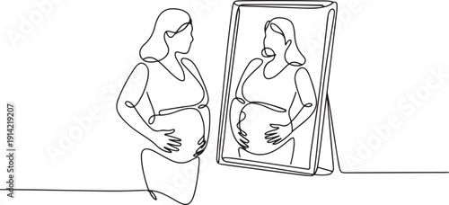 Continuous one line drawing businesswoman standing in front of mirror and see herself getting big belly with holding her stomach. Oversized and obesity concept. one line Icon drawing