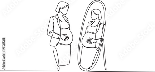 Continuous one line drawing businesswoman standing in front of mirror and see herself getting big belly with holding her stomach. Oversized and obesity concept. one line Icon drawing