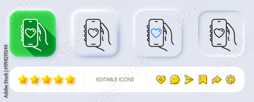 Dating app line icon. Neumorphic, Flat shadow, 3d buttons. Hand hold phone sign. Cellphone with screen notification symbol. Line dating app icon. Social media icons. Vector