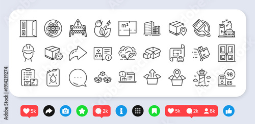 Parcel shipping, Buildings and Green energy line icons pack. Social media: share, comment, like icons. Open door, Floor plan, Send box web icon. Vector
