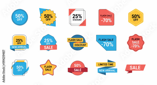Sale and Discount Badges Vector Collection with colorful promotional labels, price tags and marketing stickers for ecommerce design