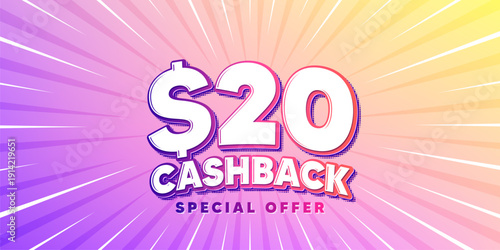 Cashback sun rays gradient banner. Light burst background. 20 Usd cashback. Money back offer sign. Cash back promo symbol. Gradient sun rays. Sunburst light. Vector
