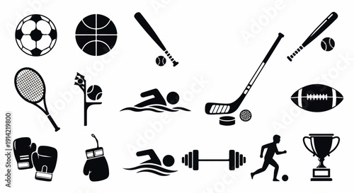 Sports and Fitness Icons Vector Collection including balls, rackets, swimming, running, gym equipment and trophy symbols