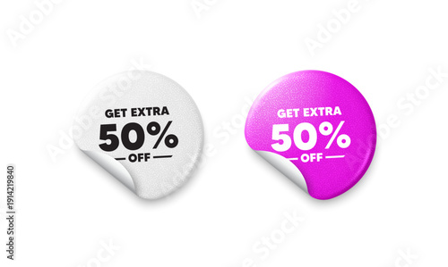 Extra discount sticker tags. Glitter paper price badge. Get Extra 50 percent off Sale. Discount offer price sign. Special offer symbol. Save 50 percentages. Offer round sticker. Promo banner. Vector