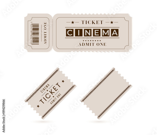 Vintage cinema ticket set with admit one design. Retro movie theater vector illustration.