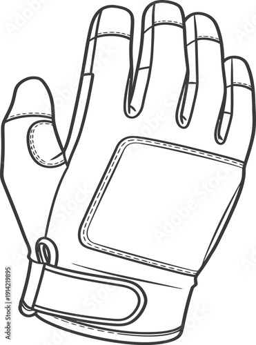 A simple line drawing of a glove with a strap and buckle on a white background.