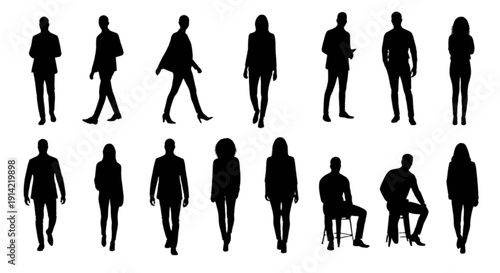 A collection of black silhouettes showing people in different walking, standing, and sitting postures isolated on transparent background, Vector