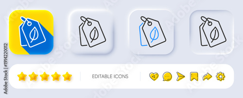 Bio shopping tags line icon. Neumorphic, Flat shadow, 3d buttons. Leaf sign. Natural products symbol. Line bio tags icon. Social media icons. Vector