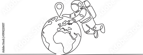 Continuous one line drawing astronaut places a pin location point on surface of globe. Mapping from space areas whose sustainability is urgently needed. one line Icon drawing