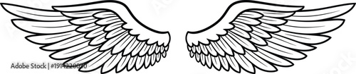 Angel wings vector illustration in detailed outline style featuring symmetrical feathered wings spread design, heavenly symbol, tattoo concept and decorative 