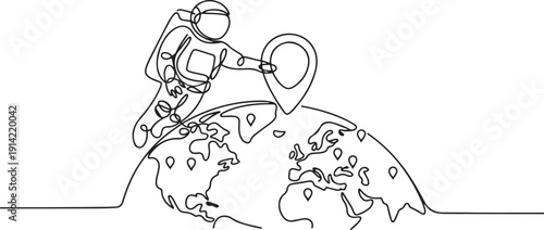 Continuous one line drawing astronaut places a pin location point on surface of globe. Mapping from space areas whose sustainability is urgently needed. one line Icon drawing