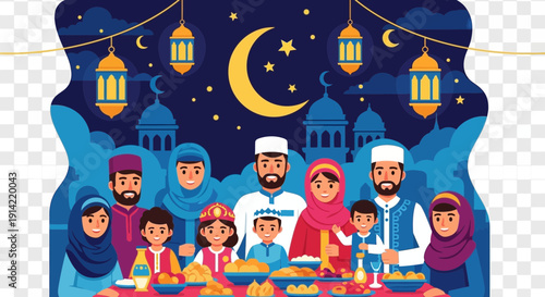 Family gathered for a festive meal under a starry night sky.