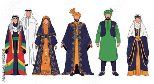 Diverse traditional clothing worn by men and women from different cultures.