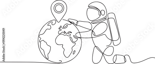 Continuous one line drawing astronaut places a pin location point on surface of globe. Mapping from space areas whose sustainability is urgently needed. one line Icon drawing