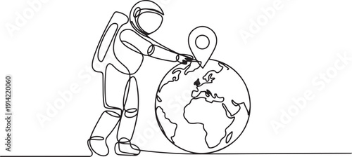 Continuous one line drawing astronaut places a pin location point on surface of globe. Mapping from space areas whose sustainability is urgently needed. one line Icon drawing