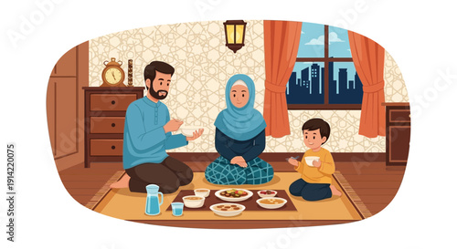 Family eating together indoors near a window at dusk.