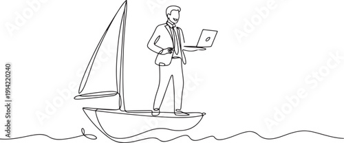 Single continuous line drawing businessman standing in boat and sailing with laptop computer. Happy worker as a freelancer or creative manager. Remote work. one line Icon drawing