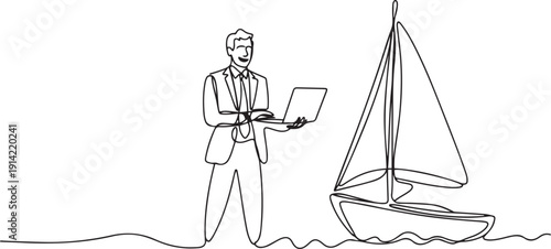 Single continuous line drawing businessman standing in boat and sailing with laptop computer. Happy worker as a freelancer or creative manager. Remote work. one line Icon drawing