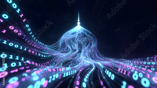 Abstract digital network with flowing binary code and luminous connections symbolizing data and technology.