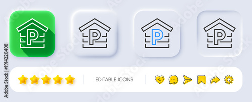 Parking line icon. Neumorphic, Flat shadow, 3d buttons. Car park sign. Transport place garage symbol. Line parking icon. Social media icons. Vector