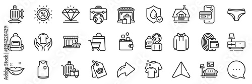 Backpack, Baggage and Baggage size line icons pack. Share, Message, Paper plane icons. Waterproof, Marketplace, Online shopping web icon. Wallet, Furniture, T-shirt pictogram. Vector