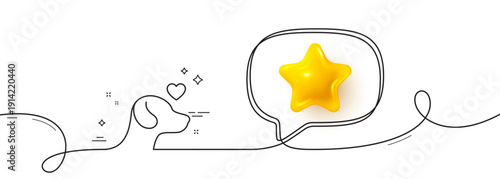 Pets care line icon. Continuous line with 3d star. Veterinary clinic sign. Dog health symbol. 3d star in speech bubble. Pets care single line ribbon. Loop curve pattern. Vector