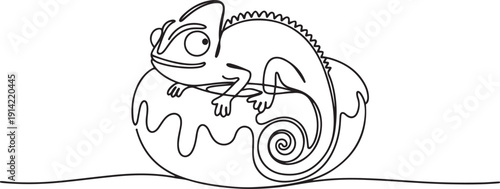 Continuous line drawing of cute adorable chameleon depicts exotic lizard animal lying inside glazed donut for pastry food concept. one line Icon drawing