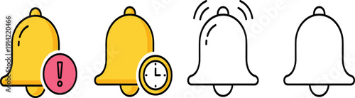 Stylized notification bell icons, urgent alert badge, timed reminder clock, ringing active signal, inactive outline symbol, user interface design elements, app notification graphics