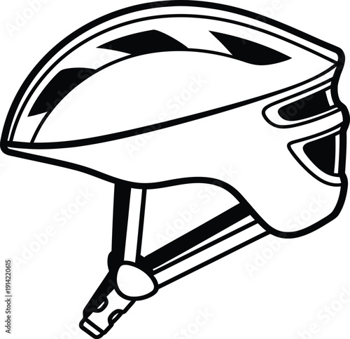 A simple line drawing of a bicycle helmet with ventilation holes and chin strap.
