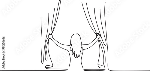 Single one line drawing back view of young woman standing and opening window curtains. Concept of person wake up in morning to get fresh air. one line Icon drawing