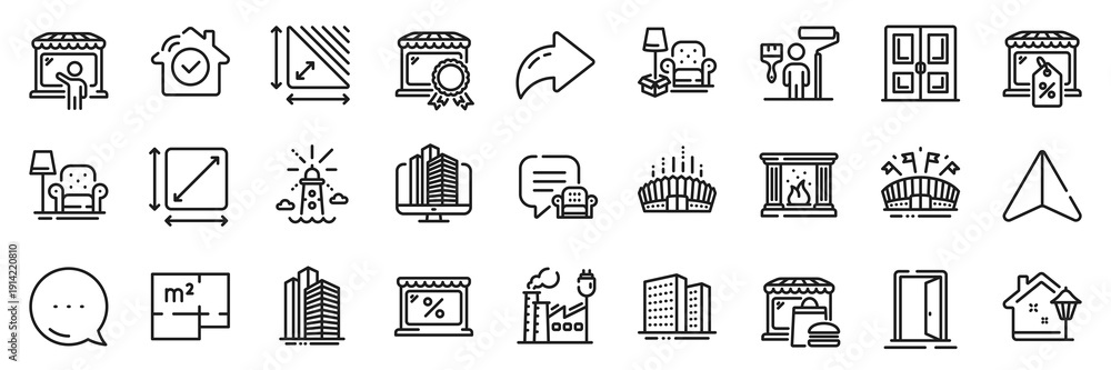 Naklejka premium Factory, Enterprise and Lounge place line icons pack. Share, Message, Paper plane icons. Buildings, Lighthouse, Square area web icon. Food market, Market sale, Arena stadium pictogram. Vector