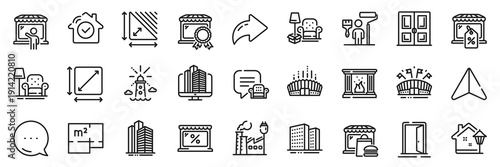 Factory, Enterprise and Lounge place line icons pack. Share, Message, Paper plane icons. Buildings, Lighthouse, Square area web icon. Food market, Market sale, Arena stadium pictogram. Vector
