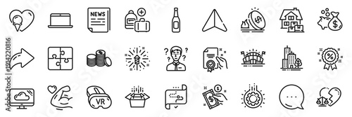 Loan, Ice cream and Vr line icons pack. Share, Message, Paper plane icons. Certificate, Gas price, Discount web icon. Fireworks explosion, Divorce lawyer, Beer pictogram. Vector