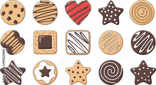 Cookie illustrations, assorted designs, chocolate drizzle, icing decoration, sprinkles topping, star shapes, heart cookies, circle treats, square biscuits, bakery art