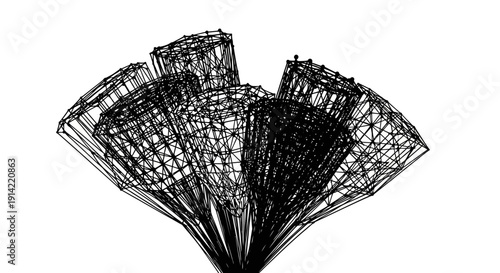Wireframe 3d model of a complex geometric shape with multiple connected curved surfaces in black on white background