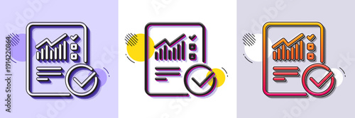 Checklist document line icon. Halftone dotted pattern. Gradient icon with grain shadow. Analysis Chart or Sales growth report sign. Statistics data symbol. Line checked calculation icon. Vector