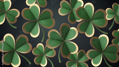 Vibrant green clover leaves with white and yellow patterns isolated on transparent background