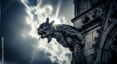 Obraz na płótnie A gargoyle statue on a building with a cloudy sky