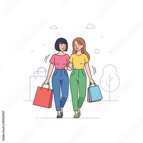 Two happy women friends walking with shopping bags, enjoying a day out