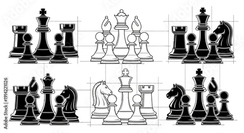 Chess pieces arranged on a board in a strategic formation for gameplay and competition