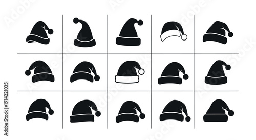 Collection of 15 black santa hats in various styles and angles on white background for christmas design