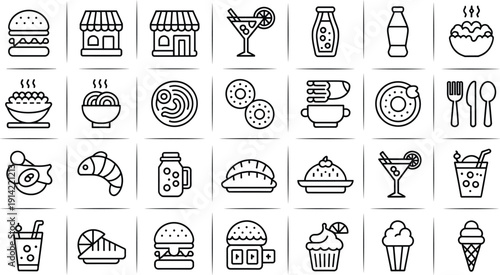Food icons, beverage illustrations, hamburger, pizza, noodles, rice bowl, donut, cupcake, ice cream, cocktail, soda, juice jar, restaurant design