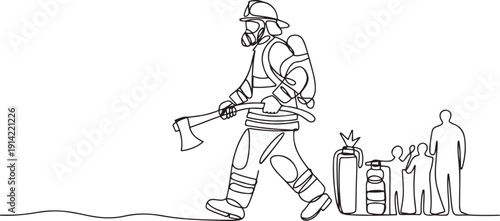 Single continuous line drawing firefighter in full uniform walking while carrying an axe. Glass breaking tools. Helping victims. International Firefighters Day. one line Icon drawing